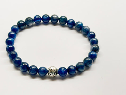 Arts of Dreaming Kyanite Bracelet -  blue beads and a carved silver bead accent for lucid dreaming practice. 