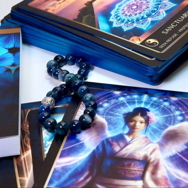 Arts of Dreaming Kyanite Bracelet -  made of blue Kyanite beads and a carved silver bead accent for lucid dreaming practice. Resting on Dream Deck cards with mystical designs