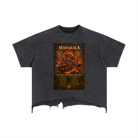 "MAHAKALA TOUR" (Front) Vintage Wash Boxy Distressed Hem T-Shirt | Rock Tantra